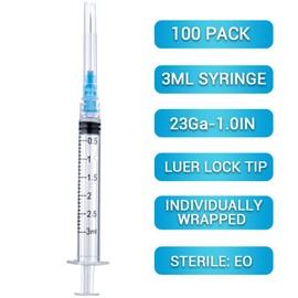 100 Pack Disposable 3ml Lab Syringes with 23Ga 1 Inch Needle Luer Lock, Individually Sterile Wrapped