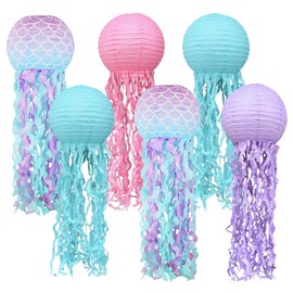 Mermaid Birthday Decorations,Jellyfish Paper Lanterns Pink Lavender Blue Mermaid Scales Hanging Lantern for Mermaid Baby Shower Theme Under The Sea Ocean Birthday Party Decorations Set of 6