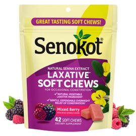 Senokot Laxative Soft Chews, Overnight Constipation Relief with Senna Extract, 42 Mixed Berry Chews