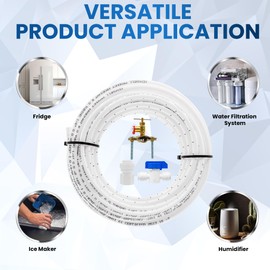 Refrigerator Water Line Kit for Ice Maker, Freezer, Humidifier, Water Filtration System. 25 FT x 1/4” OD Tube, 1/4" OD Quick Connect Self-Piercing Needle Saddle Valve, Adapter, & Ball Valve