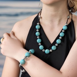 Retro Ethnic Style Turquoise Beaded Necklace and Bracelet Set for Women - Adjustable Chunky Turquoise Choker Necklace & Bracelet - Colorful Acrylic Boho Jewelry Set - Geometric Beaded Design