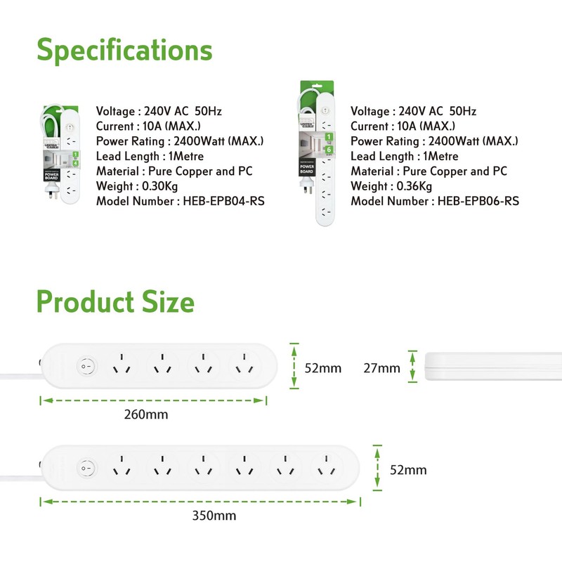 Power Board Surge Protection White 10A 240V 1M 4 Outlet