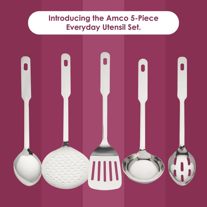 Amco 11-Inch Everyday Utensil Set (5-Piece) - Stainless Steel &