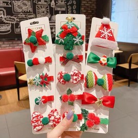 Christmas Children's Hairpin Set - 5-Piece Christmas Tree Side Clips Free Size/3# Ribbon Set (5pcs/card) 20ea