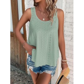 ATHMILE Womens Tank Tops Sleeveless Eyelet Embroidery Scoop Neck Loose Fit Casual Summer Flowy Green