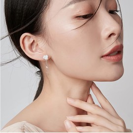 SLUYNZ 925 Sterling Silver Rose Dangle Earrings for Women Teenagers White Flower Dangle Earrings Tassel Wedding Earrings, Sterling Silver