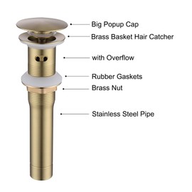 Jincrop Bathroom Sink Drain Brushed Gold with Overflow, Pop Up Drain Assembly with Detachable Strainer Basket Brass Stainless Steel Drain Plug Kit