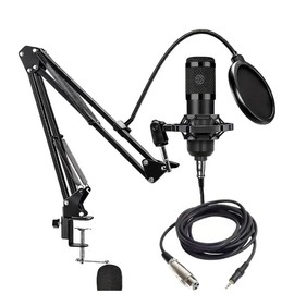 Professional Microphone Set, Microphone with Boom Arm & Pop Filter & Windshield & Cable, Microphone Set for Live Streaming, Singing, Gaming, Recording:_High profile package_Black