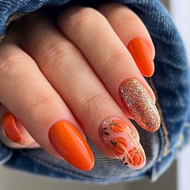 Ceboic Pack of 24 Stick-On Nails Almond Short, French Press on Nails Soft Gel Artificial Nails with Cute Pumpkin Design, Orange Shiny Oval False Nails Fake Nails for Women and Girls