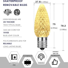 AIDDOMM 25 Pack C9 LED Replacement Lights Bulbs Christmas, Warm White LED Christmas Lights Bulbs Replacement, E17 Replacement Christmas Lights Bulbs Outdoor, Dimmable Faceted Bulbs, Holiday Decoration