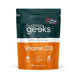 Nutrition Geeks, Vitamin D 4000 iu - 1 Year Supply, 365 Easy-Swallow Tablets Vegetarian D3 iu, High Strength Supplet UK Made VIT & Vitamins Awarded by The Independent