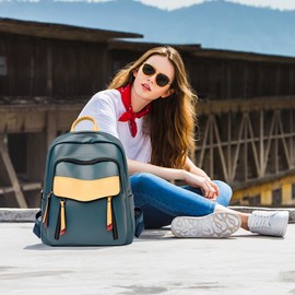 NICOLE & DORIS Women Fashion Backpack Large Capacity Leather Backpack Color Block Schoolbag Casual Daypack 13.3 inch Laptop Rucksack Shopping Travel Business Blue