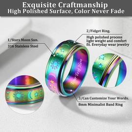 Bestyle Stainless Steel Laser Gradient Band Rings for Men Women Cool Steel Rings Rainbow Colour Rings with Moon Sun Star Size 07