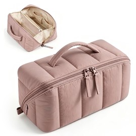 Beauty case da donna, grande capacità, portatile, da viaggio, impermeabile, in pelle PU o borsa per cosmetici, aperta, borsa piatta per articoli da toeletta, pennelli, Colore: rosa., Classico