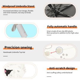 PARTY BUZZ Automatic Windproof Travel Umbrella, Waterproof UV Protection Folding Umbrella, Cartoon Portable Compact Umbrella Easy Auto Open, for Girls and Women (Beige)