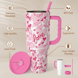 SANDJEST Heart Tumbler with Handle 40oz, Valentines Stainless Steel Insulated Tumblers Coffee Travel Cup with Straw Lid, Gifts for Women Girl