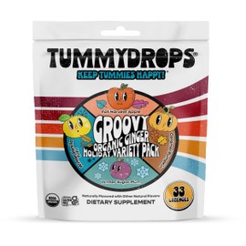 USDA Organic Groovy Ginger Holiday Variety Tummydrops (Mix of Caramel Pumpkin, Fall Apple, Winter Yuzu & Sugar Plum Ginger Flavors). Bag with 33 assorted drops. Certified Gluten Free.