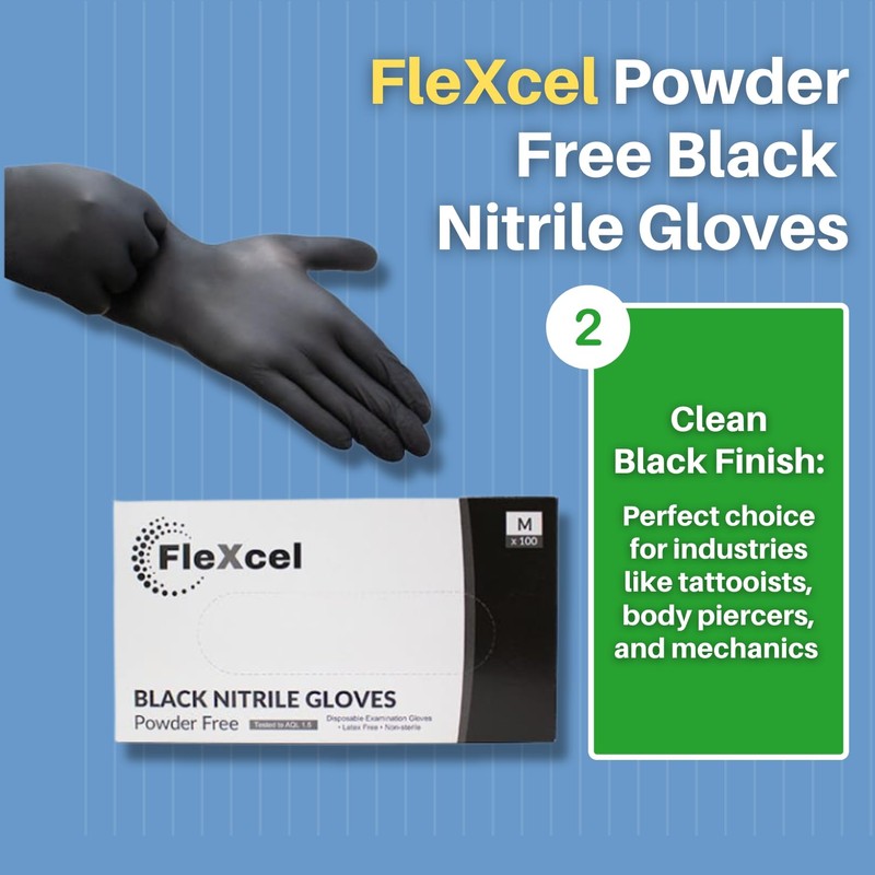 FleXcel Powder Free Nitrile Gloves, Black, Small - Medical-Grade, Latex-Free,