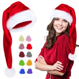 Zkaoai Christmas Hat, with 10 Pieces Mini Christmas Hats, Women Men Red Plush Santa Hat, Santa Claus Hat, Santa Claus Hat for Christmas Party
