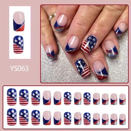 4th of July Press on Nails Medium Square Fake Nails Independence Glue on Nails Red Blue French Tip False Nails Stars Silver Glitter July 4th Nails Press ons Glossy Stick on Nails for Girls 24Pcs