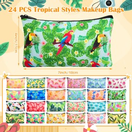 24 Pcs Summer Hawaii Cosmetic Bags Summer Themed Makeup Bags Tropical Plants and Hibiscus Flowers Toiletry Pouch with Zipper Travel Cosmetic Organizer for Women and Girls 24 Styles