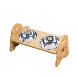 Durable Bamboo Dog and Cat Food Bowl Holder, Height Adjustable Pet Feeder with 2 Stainless Steel Dog Bowls ，Suitable for Small Cats and Dogs