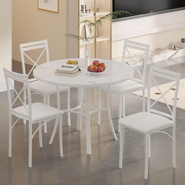 VECELO 5 Piece Dining Table Set for 4, Faux Marble Dinette with Chairs for Kitchen, Breakfast Nook, Small Space, Off White