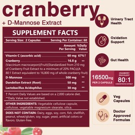 Cranberry Capsules 16800 mg - Cranberry Supplement with D-Mannose and Vitamin C, Cranberry Pills for Women, Supports Urinary Tract Health, Bladder Control & Promotes Healthy Kidney Function, 121 Caps.