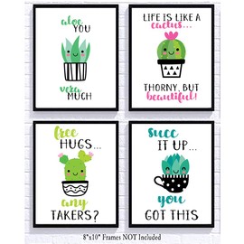 Adorable Cactus Succulent Uplifting Wall Art Decor Sayings (Set of Four) Prints Kawaii Cutesy Cheery