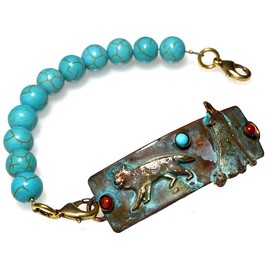 Elaine Coyne Collectible Artwear Verdigris Patina Brass Tri Stone Wolf Rockband - Jasper and Turquoise (7.5)