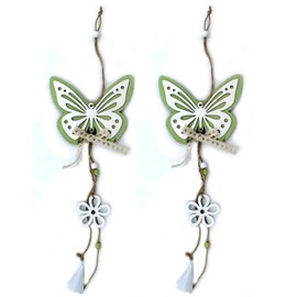 DARO DEKO Wooden Hanging Butterfly with Bow 45 cm Green / White Pack of 2