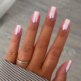 Sxvme Uñas Postizas De Metal Con Efecto Espejo Aurora Coconut Pink, Medianas, Cortas, Cuadradas, Cromadas, Esmaltadas, Cortas, De Gel, Con Revestimien