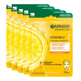 Garnier SkinActive Moisturising Cloth Masks for Sensitive Skin, with Hyaluronic Acid and Vitamin C, for Radiant Skin and a Glow Effect, 5 x 1 Masks