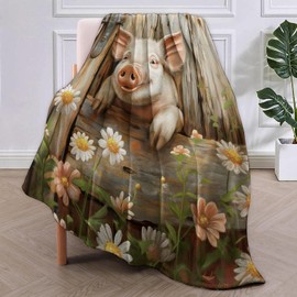 Joyful Pig Blanket Gifts for Women Girls Adults Kids Soft Warm Lightweight Cozy Farmhouse Wooden Garden Floral Animal Piglet Throw Blankets for Bed Living Room Sofa Home Travel Decor 50"x60"