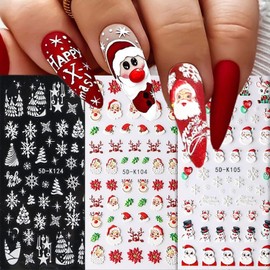 Christmas Nail Art Stickers 5D Self-Adhesive Embossed Santa Claus Elk Xmas Tree White Snowflakes Nail Stickers Winter Nail Design Christmas Holiday Nail Decals for Women Girls Nail Decoration 3 Sheets