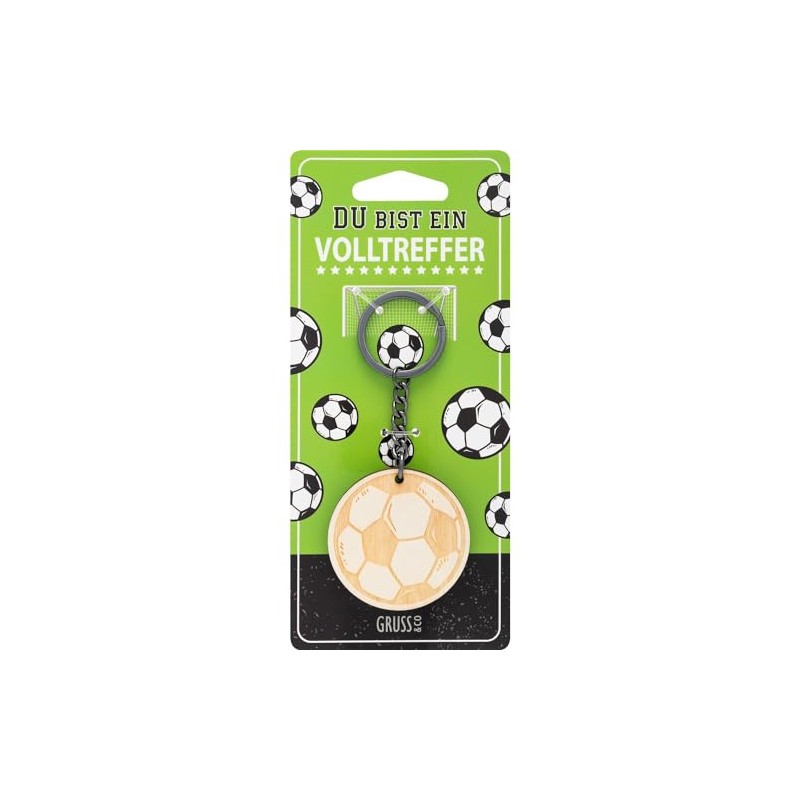 GRUSS & CO Football Keyring with Engraved Wooden Pendant, multicoloured,