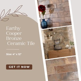4x12 Earthy Cooper Broze Ceramic Glossy Wall Subway Tile for Kitchen Wall, Backsplash, Bathroom Shower Wall, Accent Wall Made in Spain (1 Piece)