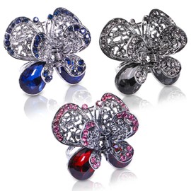 Pineraap 3 Pieces Crystal Rhinestone Claw Hair Clips Vintage Butterfly Hair Jaw Clips Small Decorative Hair Claws Clamps Non-Slip Metal Barrettes Hair Pins Accessories for Women Girls Thick Thin Hair