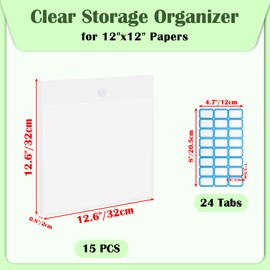 BTSKY 40PCS 12x12 Scrapbook Paper Storage Organizer Self-Stick Plastic Paper Storage Clear Craft Organizers and Storage Holder with Sticky Index Tabs for Scrapbook Vinyl Paper Cardstock