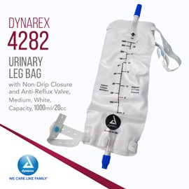 Dynarex Urinary Leg Bag, For Use with a Catheter, Has a Non-Drip Closure and Anti-Reflux Valve, Includes Easy-to-Use Straps, 1000 ml/20 oz Capacity, Medium, White, 1 Box of 12 Dynarex Urinary Leg Bags
