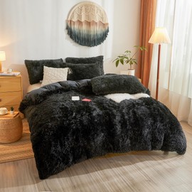 Fluffy Faux Fur Black Comforter Cover Queen Set – Plush Fluffy Black Bedding 3-Piece Set (1 Duvet Cover + 2 Furry Pillow Shams) Cozy Bed Set