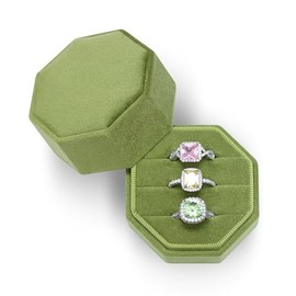 BLUTETE Velvet Jewelry Ring Box,Octagon 3 Slots Wedding Day Ring Box,Premium Vintage Ring Display Holder Case for Wedding Ceremony Proposal Engagement(Olive Green)