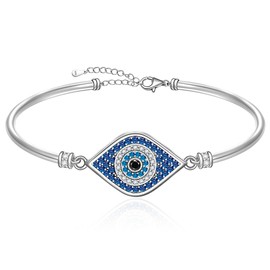 Evil Eye Bracelet for Women Greek Sterling Silver Turkish Blue Evil Eye Bangle Bracelets Adjustable Luck Protection Jewelry White Gold Mothers Day Gifts