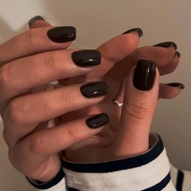 KQueenest Black Press On Nails Short Square - Acrylic Press On Nails With Glue, Sheer Dark Short Fake Nails Press ons, Glossy Opaque, Reusable Soft Gel Glue on Nails for Women Gift in 24 Pcs