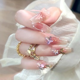 Press on Medium Square Nails Pink Glossy Full Cover Acrylic Square Shaped False Nails with Rhinestone Gems Designs Artificial Fake Nails with Charms Glue ons Nails Stick on Fingernails for Women