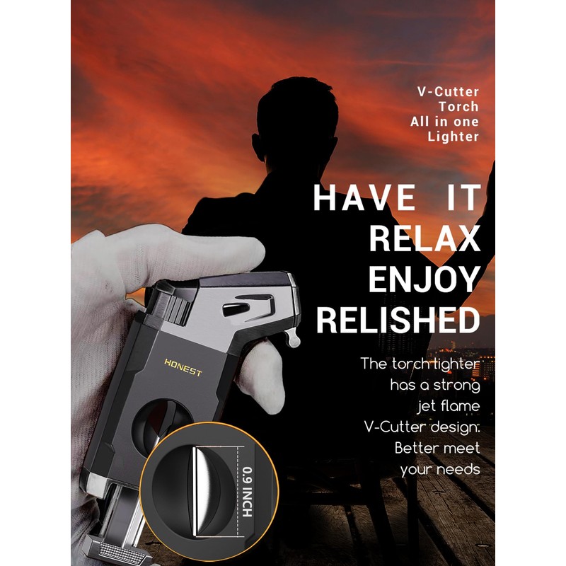 Butane Torch Lighter with V Cutter, Windproof Jet Flame Lighter
