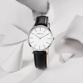 Garrulax Women's Ultra Thin Case Analogue Quartz Watch 36 mm, Silver, white surface, black leather, Strap.