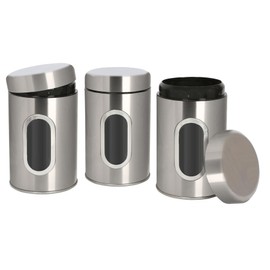 Harbour Housewares Tea Coffee and Sugar Canisters Set - Brushed - 3pc Transparent Window Airtight Food Storage Containers Kitchen Caddy Stainless Steel Storage Jars