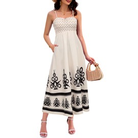 BeryLove Womens Summer Long Floral Print Dress Casual Boho Sleeveless Spaghetti Strap Sundress Smocked Maxi 2025 Vacation Beach Sun Dresses with Pockets 7095 Print Apricot S