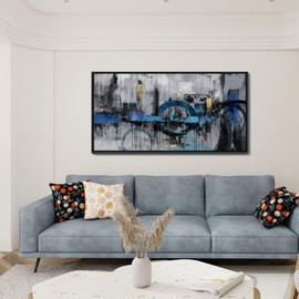 KLAKLA Abstract Canvas Wall Art - Blue and Gray Lnk Style Gold City Scenes Wall Decor Living Room Bedroom Decoration Black Frame Picture Artwork for Wall Modern Landscape Wall Decor